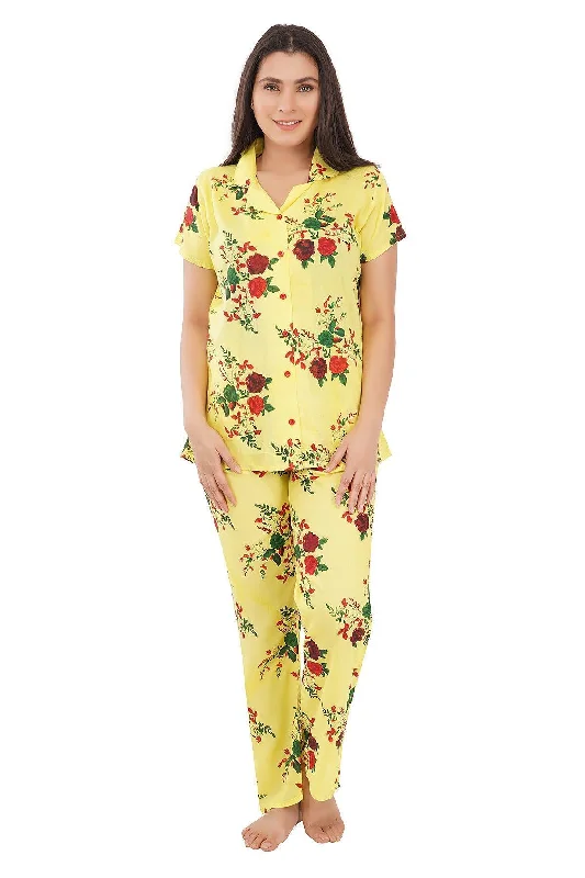 Designer Mart Women's Cotton Floral Printed Night Suit Set of Shirt & Pyjama-- Ribbed Striped Patterned