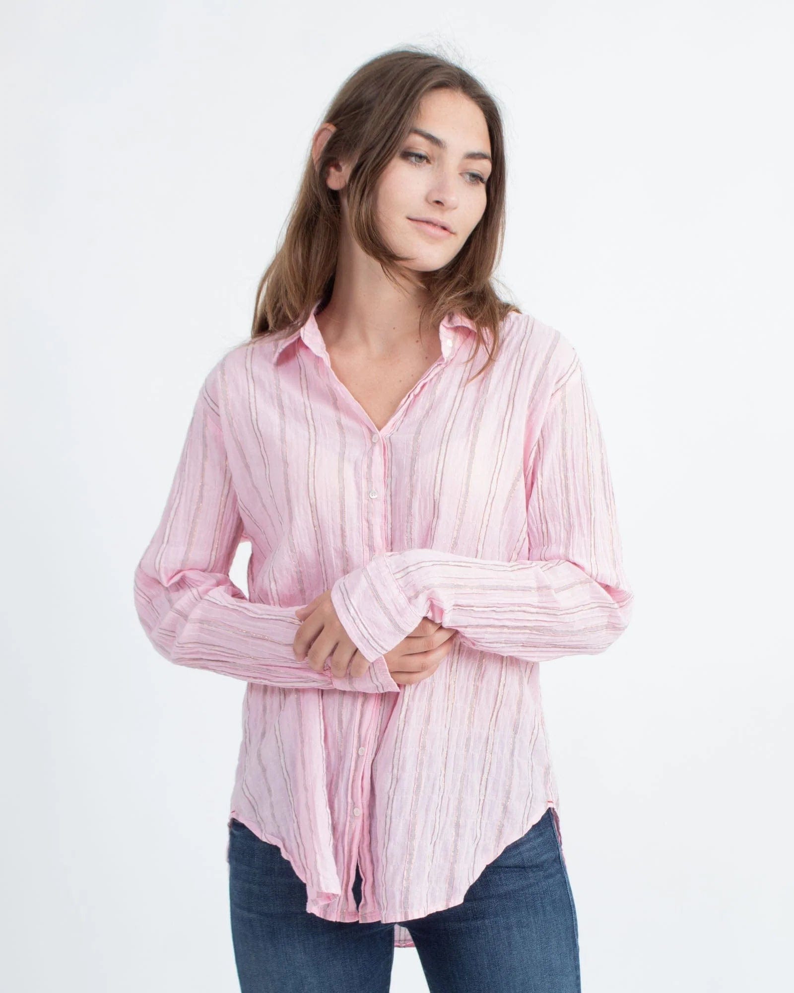 Pink Beckett Stripe Beau Shirt-- Mesh Canvas Denim