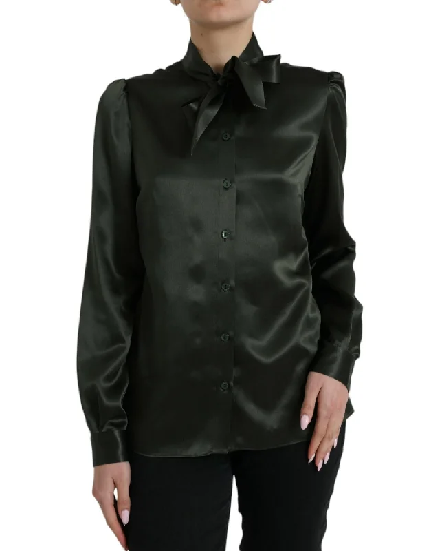 Dolce & Gabbana  Silk Shirt with Bow Tie - Green-- Boxy Fit Fitted Loose