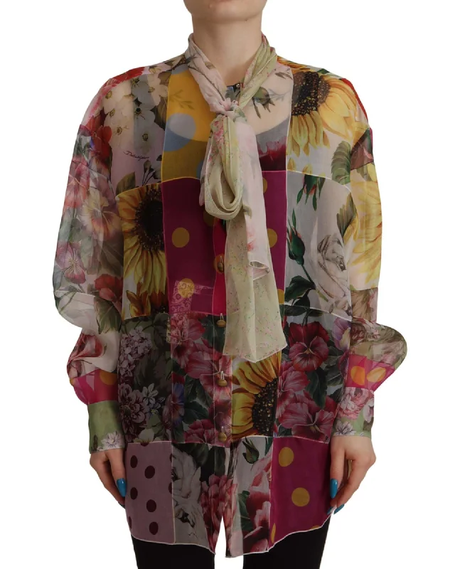 Dolce & Gabbana  Floral Print Silk Shirt for Women-- Collared Crew Neck Turtle Neck