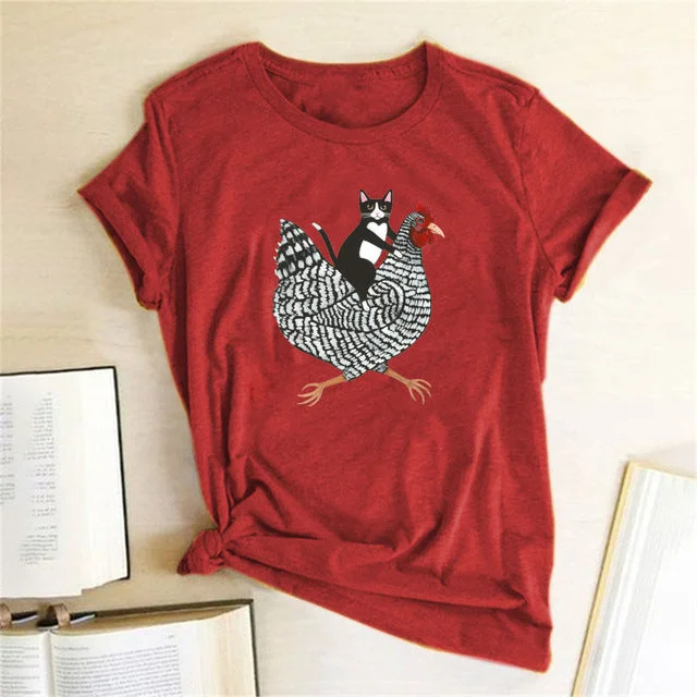 Cat Riding Chicken Print, Funny Women's T-Shirt-- Embroidered Appliqued Beaded