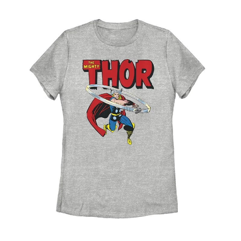 Women's Marvel Mighty Thor Hammer Swing T-Shirt-- Zippered Buttoned Snapped