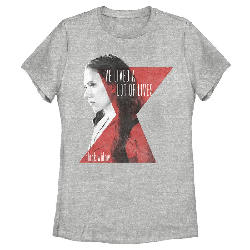 Women's Marvel Black Widow Multiple Lives T-Shirt-- Denim Fabric Leather Fabric Suede Fabric