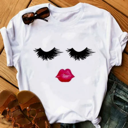 Lips and Lashes Design Women's Fashion T-Shirt-- Lace Blend Ribbed Blend Corduroy Blend