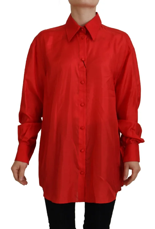 Dolce & Gabbana  Women's Red Silk Long Sleeve Button-Down Shirt-- Welt Pockets Slit Pockets Flap Pockets