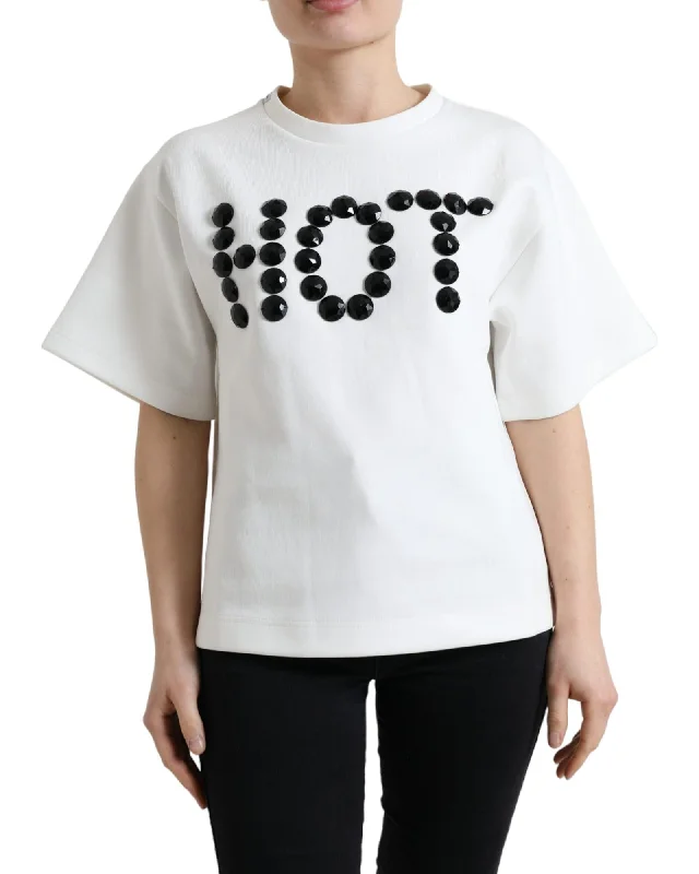 Dolce & Gabbana Crystal Embellished Stretch Cotton T-shirt-- Mesh Blend Leather Blend Suede Blend