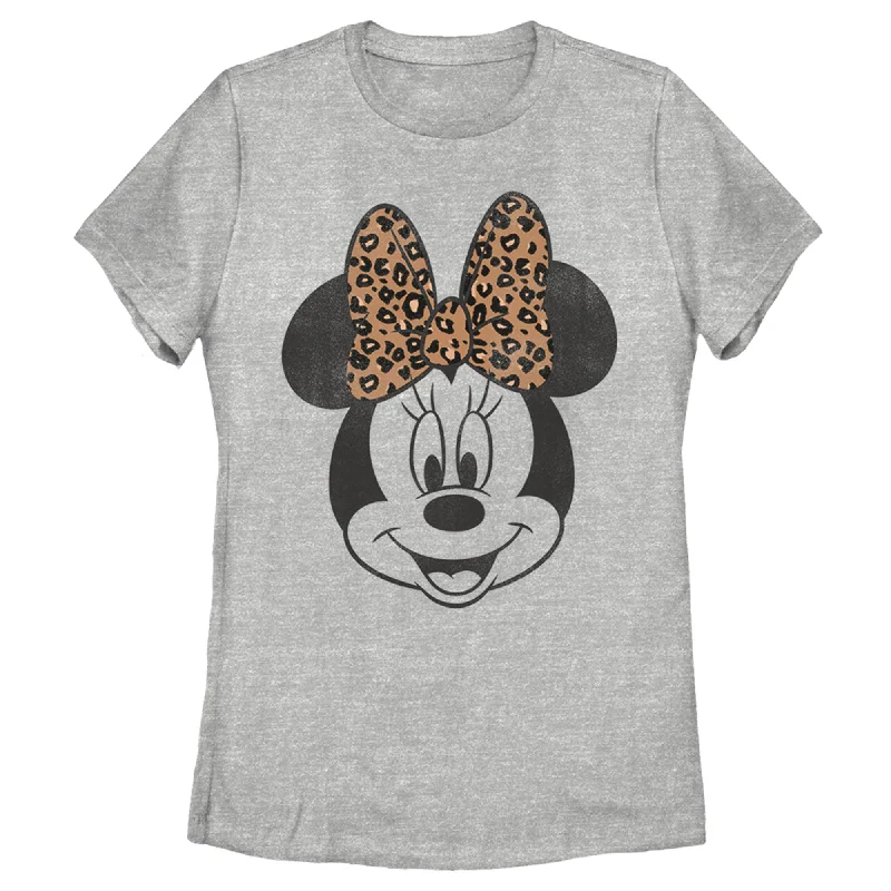 Women's Mickey & Friends Minnie Mouse Cheetah Print Bow T-Shirt-- Print Jacquard Patchwork
