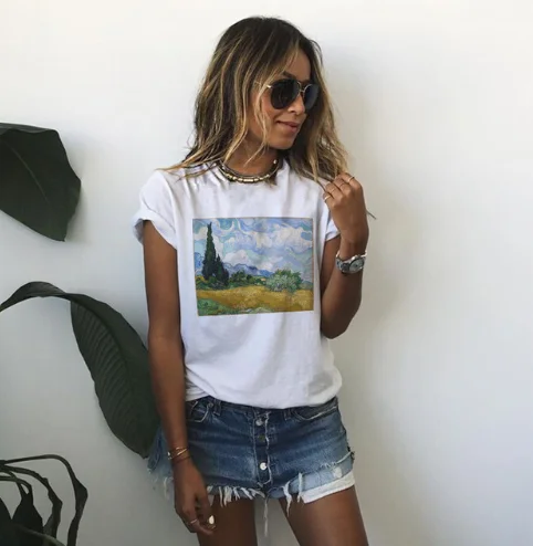 Women's Van Gogh Oil Painting T-Shirt-- Front Pockets Side Pockets Patch Pockets