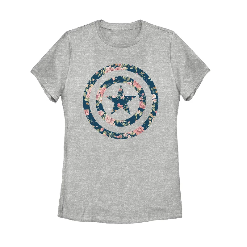 Women's Marvel Captain America Floral Print T-Shirt-- Solid Color Striped Floral