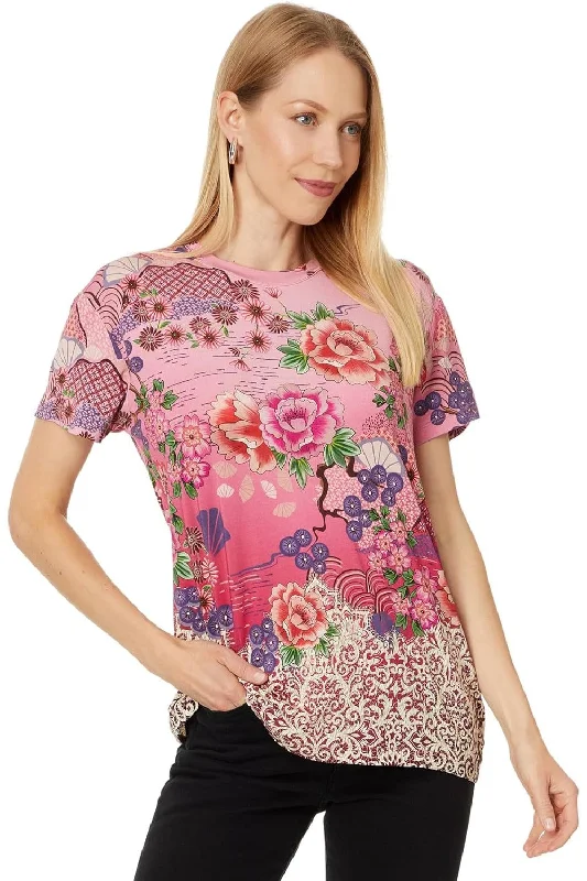 Johnny Was Women's Loose Fit Tee-Pink Lace Short Sleeve T-Shirt-- Hooded Caped Shawl Collar