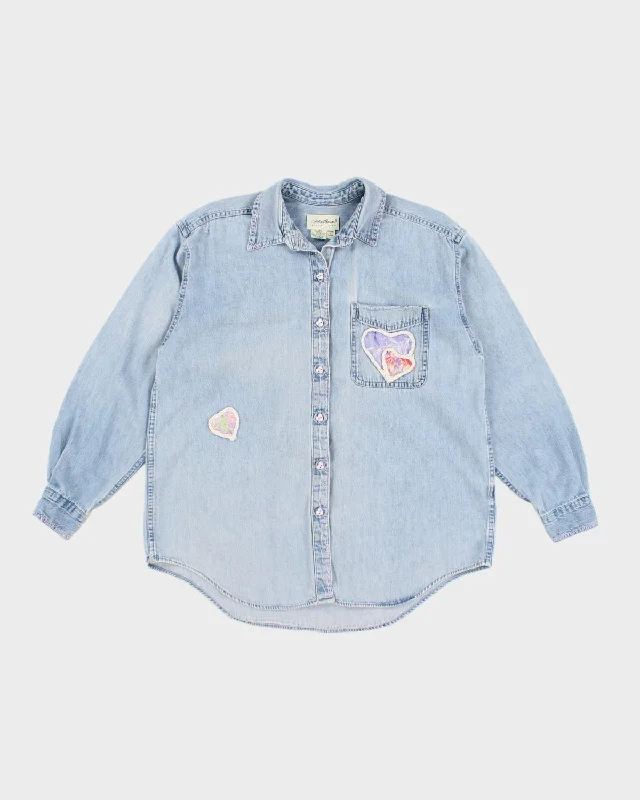 Vintage 90s Eddie Bauer Distressed Sweetheart Denim Shirt - L-- Print Jacquard Patchwork Vintage 90s Eddie Bauer Distressed Sweetheart Denim Shirt - L-- Print Jacquard Patchwork
