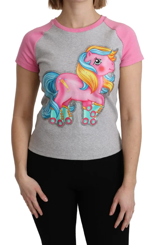 Moschino Chic Gray Crew Neck Cotton T-shirt with Pink Women's Accents-- Mesh Blend Leather Blend Suede Blend