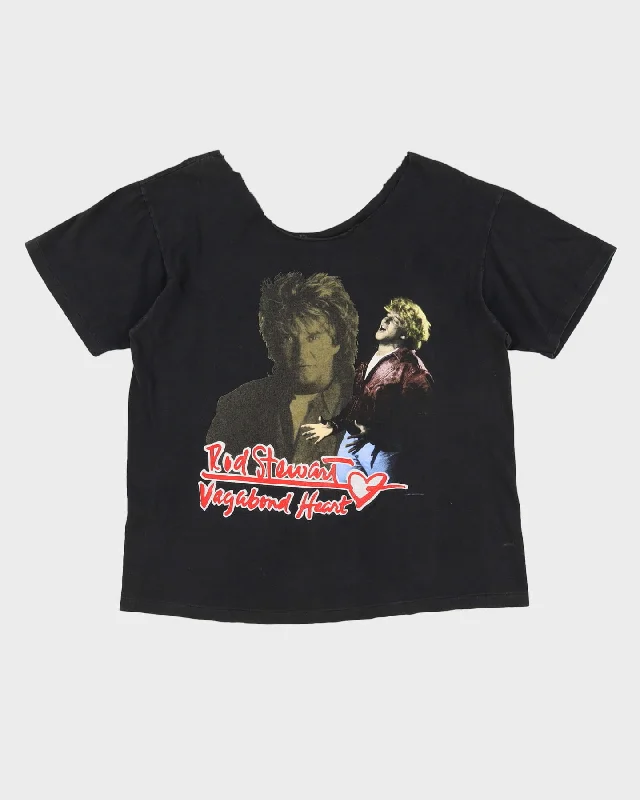 Vintage 1991 Rod Stewart Vagabond Heart Collarless / Off The Shoulder Black Graphic Band T-Shirt - XL / XXL-- Faux Fur Fabric Real Fur Fabric Shearling Fabric