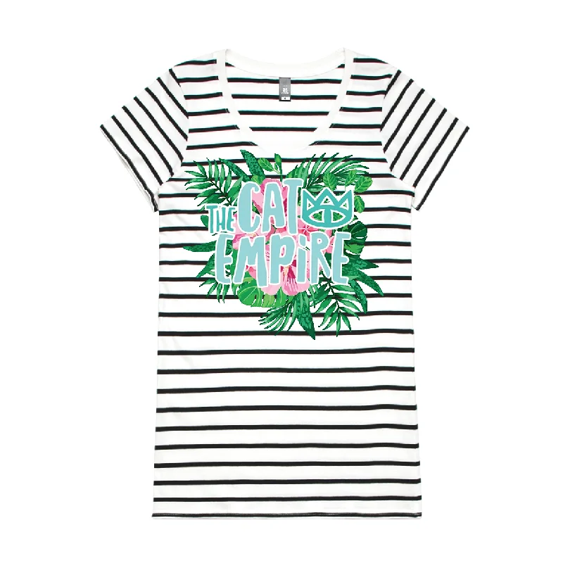 The Cat Empire Striped Tropical T-Shirt (Women's Size Based)-- Front Pockets Side Pockets Patch Pockets The Cat Empire Striped Tropical T-Shirt (Women's Size Based)-- Front Pockets Side Pockets Patch Pockets