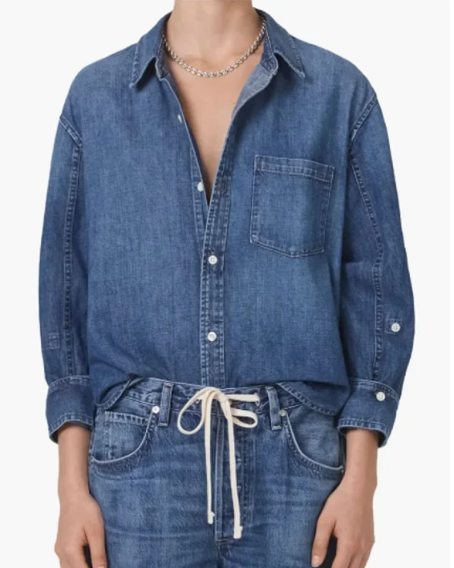 "Kayla Shrunken Denim Button-Up Shirt"-- Sequined Glittery Shiny