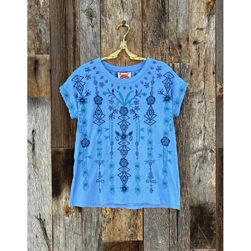 Johnny Was Women's Relaxed Tee Taria Azure Blue Short Sleeve Embroidered T-Shirt-- Terry Blend Velvet Blend Canvas Blend Johnny Was Women's Relaxed Tee Taria Azure Blue Short Sleeve Embroidered T-Shirt-- Terry Blend Velvet Blend Canvas Blend