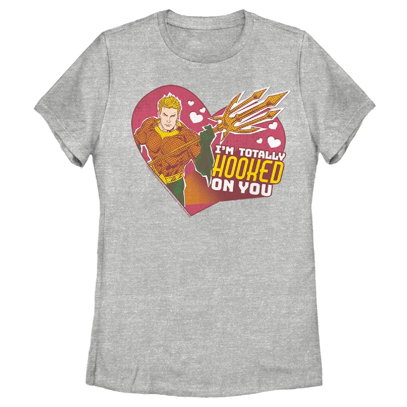 Women's Justice League Valentine's Day Aquaman I'm Totally Hooked on You T-Shirt-- Rayon Velvet Corduroy Women's Justice League Valentine's Day Aquaman I'm Totally Hooked on You T-Shirt-- Rayon Velvet Corduroy