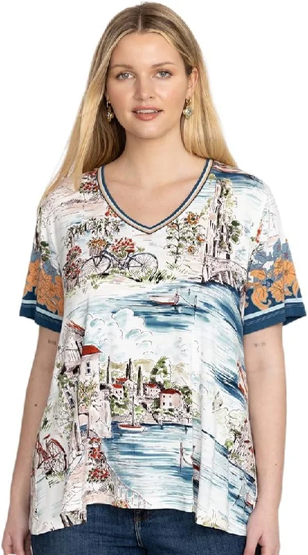 Johnny Was Janie Favorite Short Sleeve V Neck Swing Tee Shirt Top White Blue New-- Chenille Blend Fleece Blend Nylon Blend