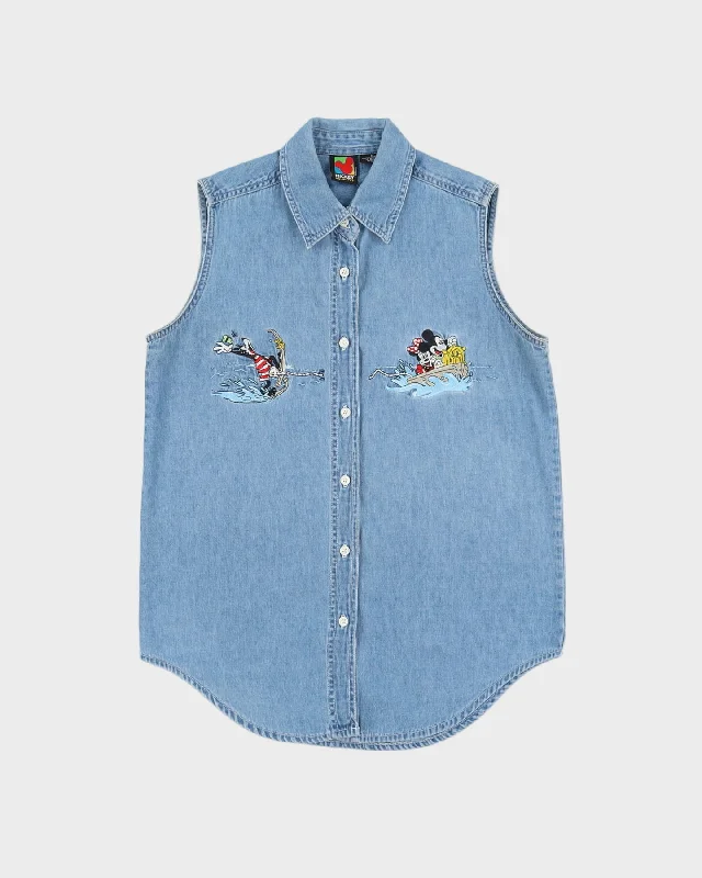 Vintage 90s Disney Embroidered Design Blue Sleeveless Denim Shirt - S-- Rayon Fabric Velvet Fabric Corduroy Fabric