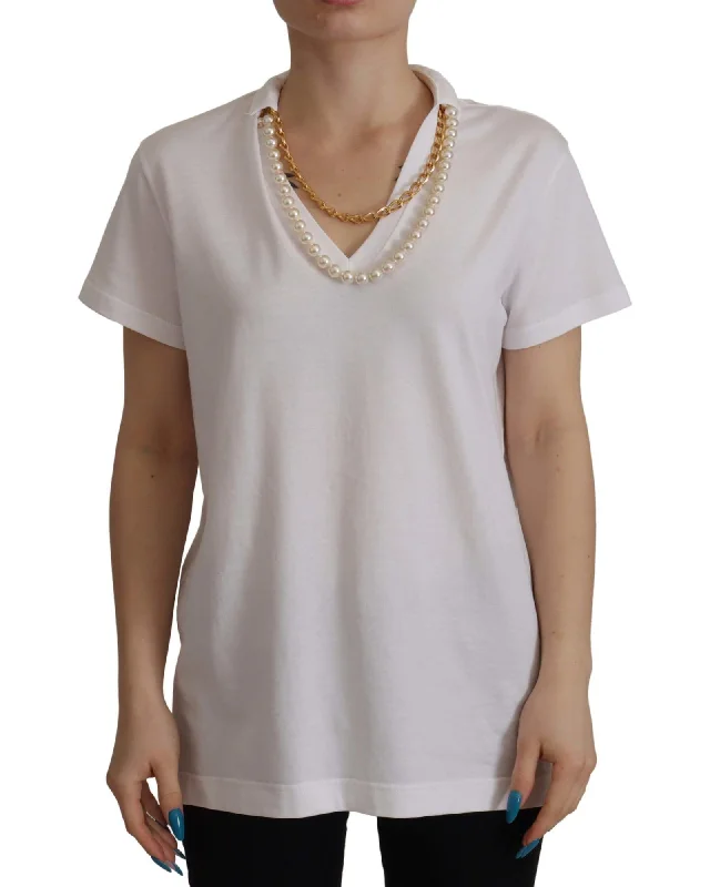 Dolce & Gabbana  V-Neck T-Shirt - White-- Spandex Blend Rayon Blend Denim Blend