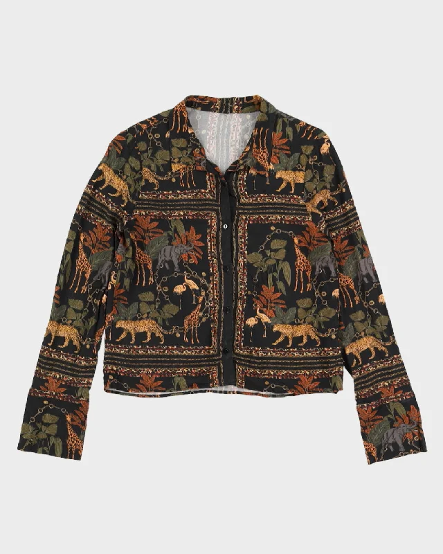 Vintage Early 90s Black Jungle Print Collared Shirt - S-- Denim Fabric Leather Fabric Suede Fabric Vintage Early 90s Black Jungle Print Collared Shirt - S-- Denim Fabric Leather Fabric Suede Fabric