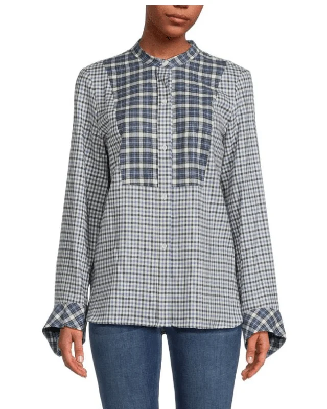 TWP Bishop Collar Plaid Button Down Shirt-- Welt Pockets Slit Pockets Flap Pockets