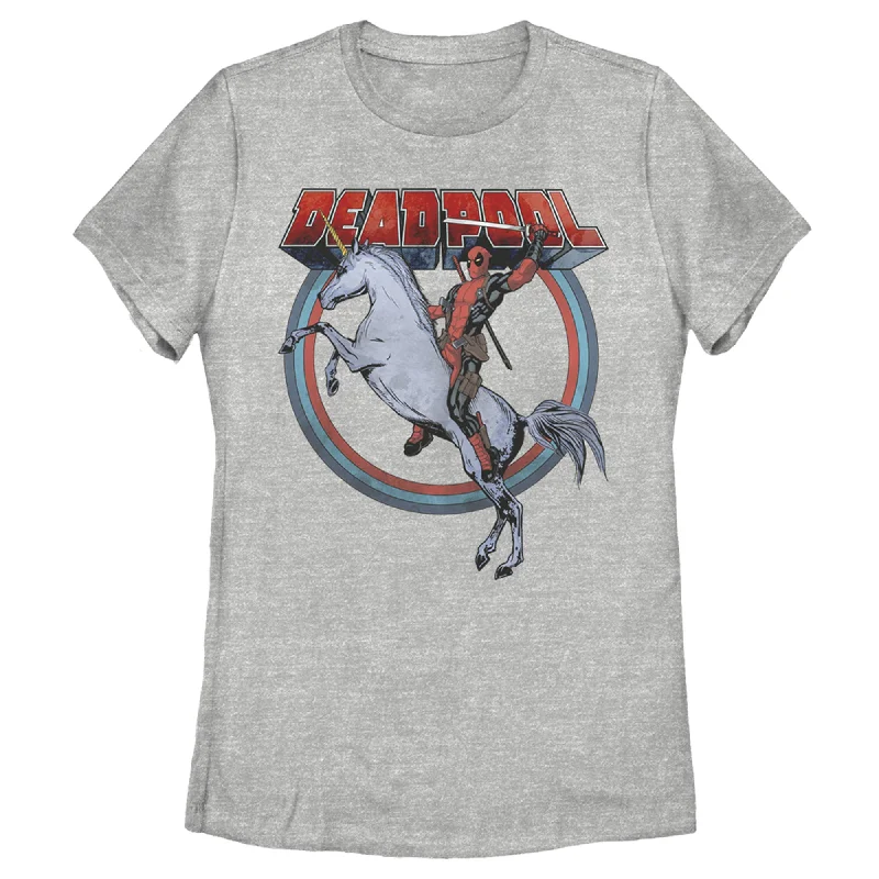 Women's Marvel Deadpool Rides Unicorn T-Shirt-- Collared Crew Neck Turtle Neck