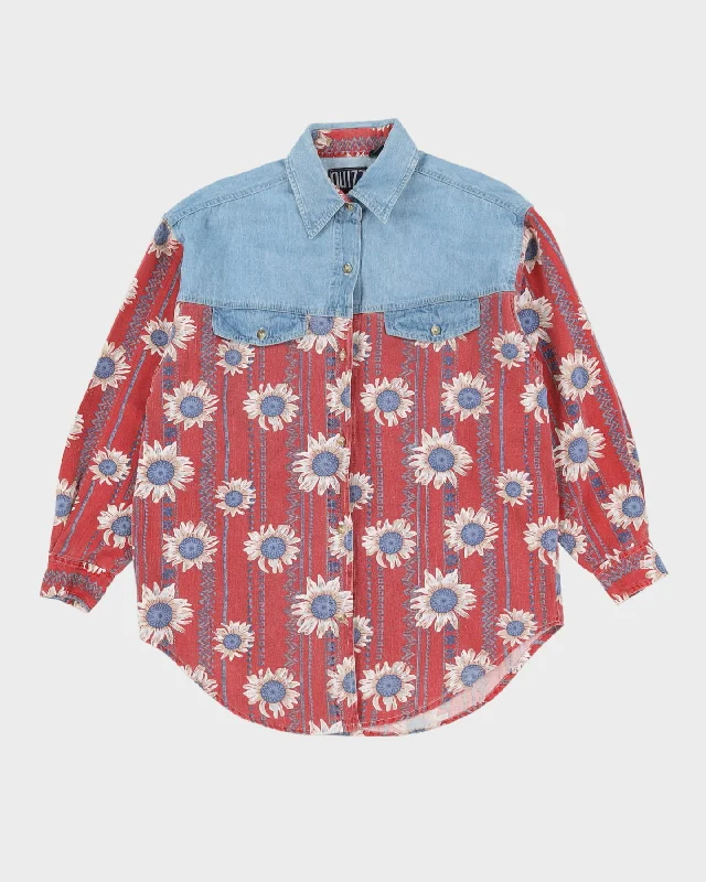 Vintage 90s Floral Long Sleeve Oversized Denim Shirt - M-- Silk Blend Satin Velvet