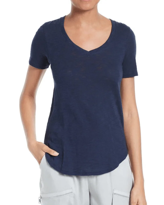V-Neck Slub Cotton T-Shirt-- Spandex Blend Rayon Blend Denim Blend