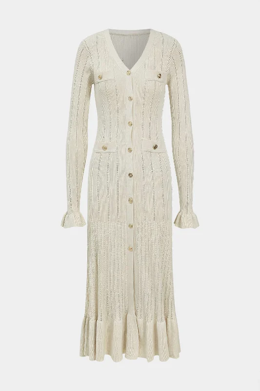 Knit Cut Out Ruffle Button Bell Sleeve Dress Boat Neckline Classic
