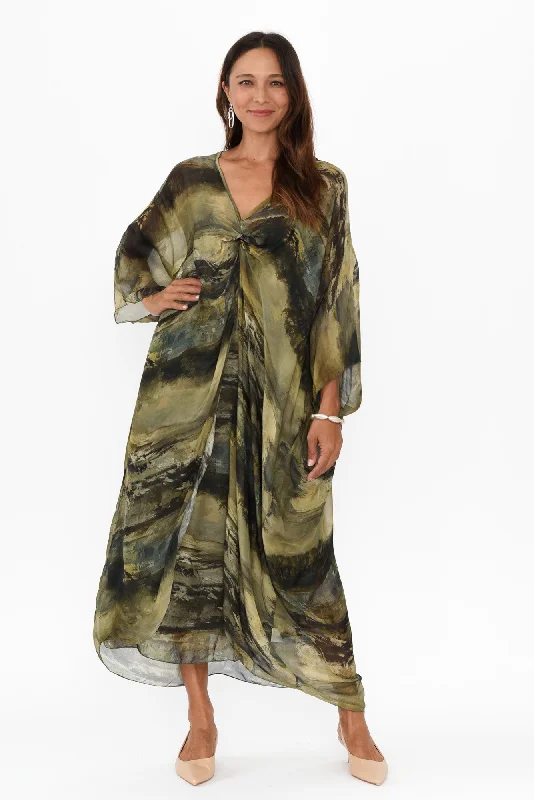 Alessio Khaki Abstract Silk Layer Dress Tunics Floral girly