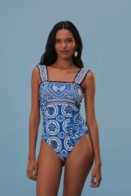 Blue Tile Dream One Piece Swimsuit Tropical Print One-Piece
