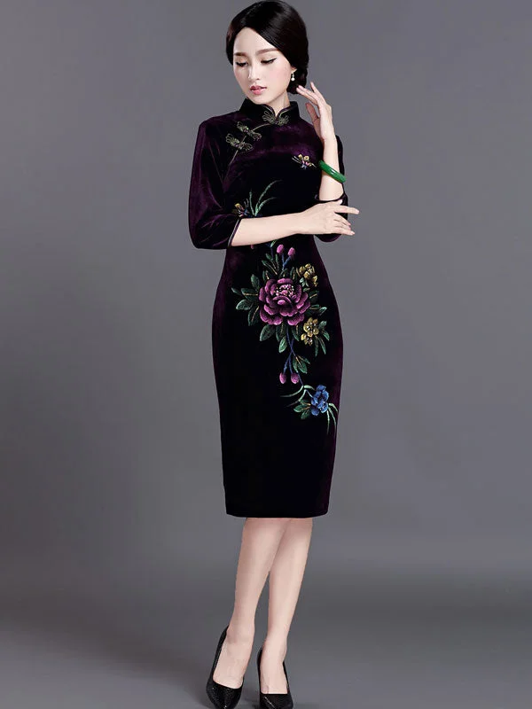 Velvet Midi Qipao / Cheongsam Evening Dress with Half Sleeve Tunics Top rated