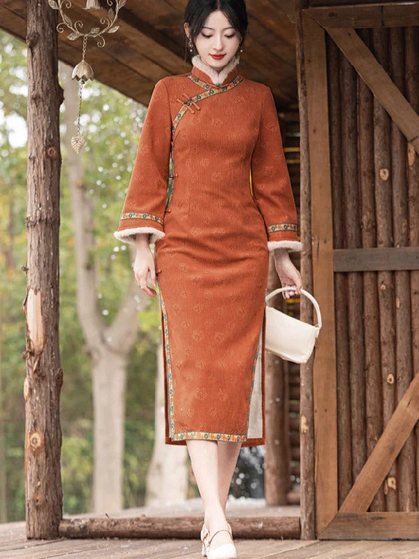 Orange Embroidered Winter Cheongsam Qipao Dress Tunics Exclusive limited