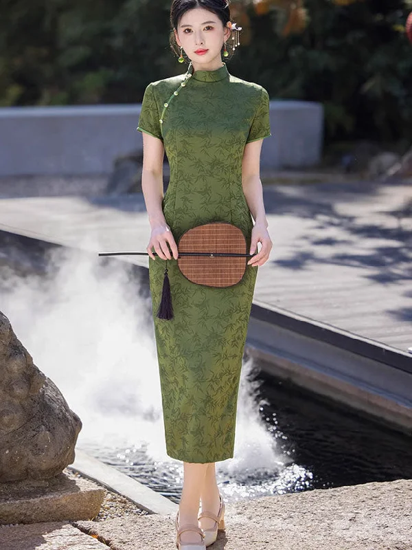 2025 Green Bamboo Print Cheongsam Qipao Dress Tunics Summer linen