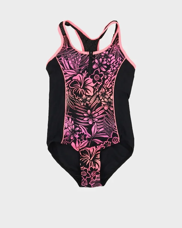 00s Y2K Black And Pink Patterned Swimsuit - XS Monokini Swimsuit Design