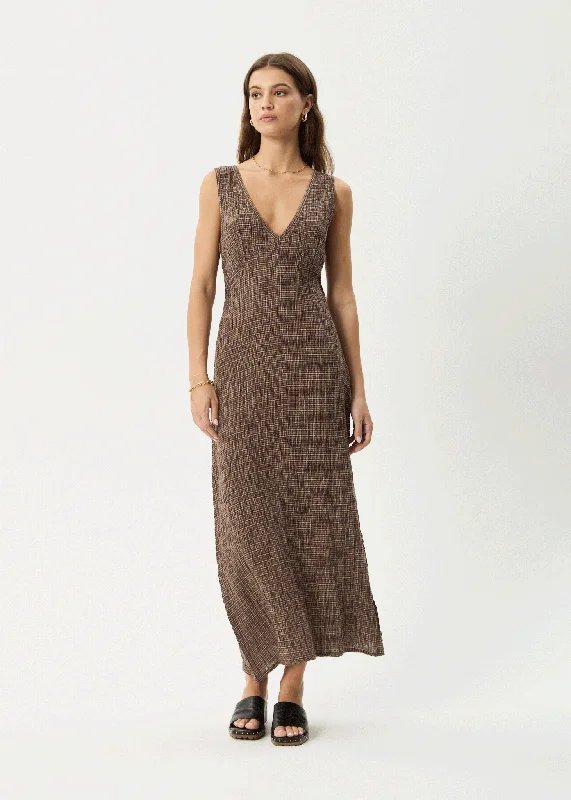 AFENDS Womens Hometown - Seersucker Check Dress - Coffee Maxi Flowy Bohemian