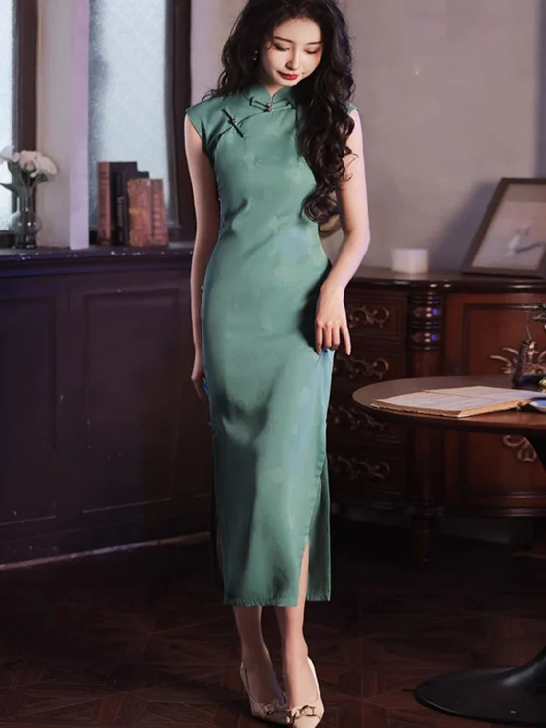 2025 Summer Green Floral Cheongsam Qipao Dress Tunics Party sparkling