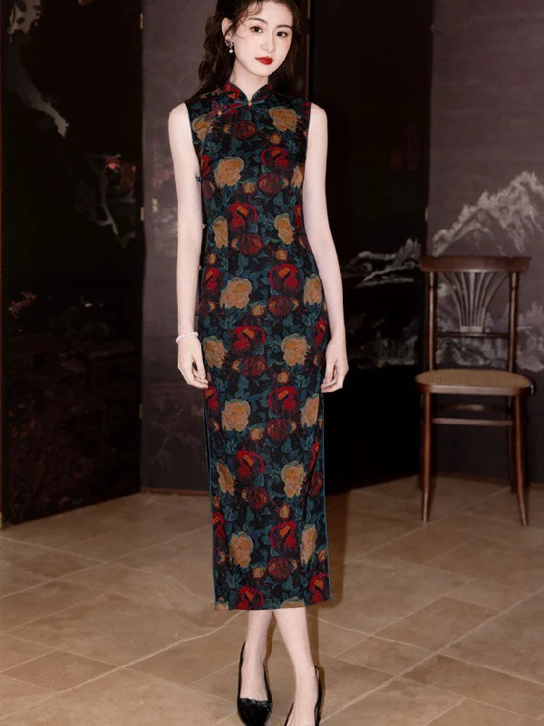 2025 Summer Floral Print Cheongsam Qipao Dress Tunics Fall fleece