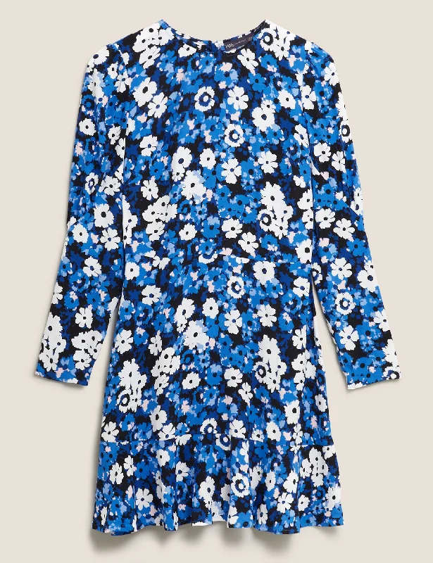 Floral Puff Sleeve Mini Tea Dress Tunics Cozy soft