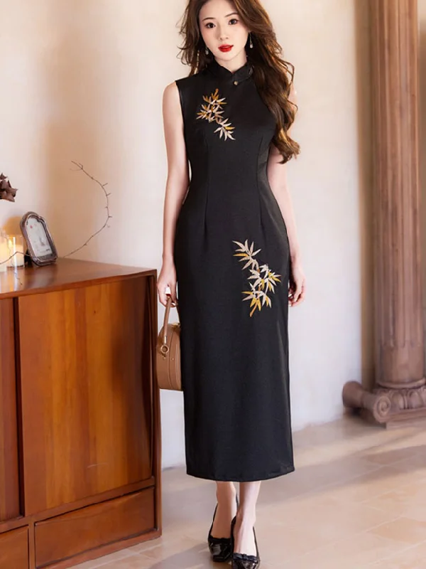 Black Embroidered Bamboo Cheongsam Qipao Dress Tunics Vintage classic
