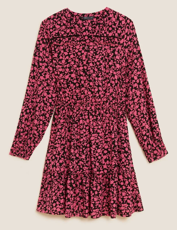 Floral V-Neck Mini Waisted Dress Tunics Fashionable trendy
