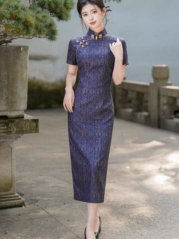 Blue Vintage Print Mothers Cheongsam Qipao Dress Tunics Designer luxury
