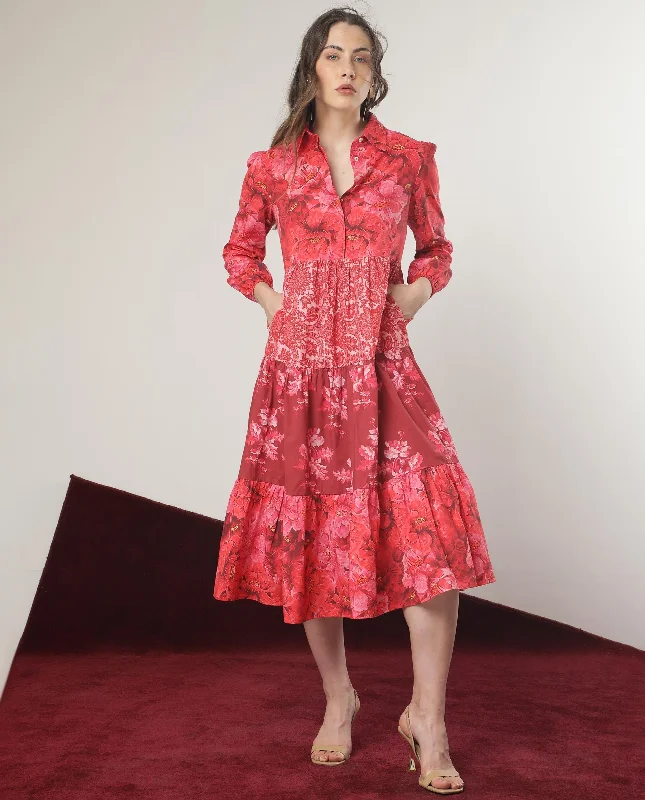 Rareism Women Ixora Maroon Cotton Fabric Full Sleeves Button Closure Shirt Collar Regular Fit Floral Print Knee Length Tiered Dress Tunics Practical durable