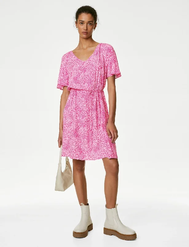 Printed V-Neck Tie Waist Mini Waisted Dress Cowl Neckline Elegant