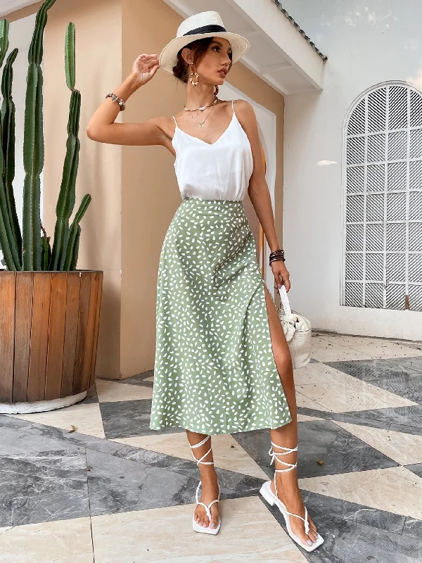 Green Boho Split Thigh Allover Print Women Skirts Elegant Dresses Slit Long Length High Waist With Zipper Slight Stretch Boat Neckline Classic Green Boho Split Thigh Allover Print Women Skirts Elegant Dresses Slit Long Length High Waist With Zipper Slight Stretch Boat Neckline Classic
