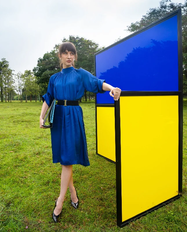 Rareism Women Shiver Dark Blue High Neck With Gathers Raglan Sleeves With Puff And Side Slit Knee Length Dress Tunics Corduroy durable Rareism Women Shiver Dark Blue High Neck With Gathers Raglan Sleeves With Puff And Side Slit Knee Length Dress Tunics Corduroy durable