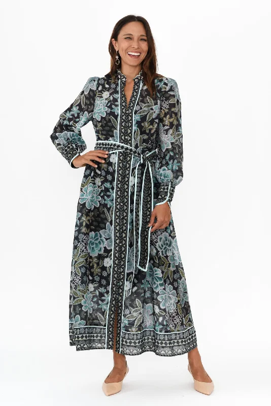 Sienna Blue Floral Cotton Silk Dress Tunics Lace romantic