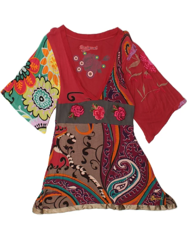DESIGUAL Womens 3/4 Sleeve Basic Dress UK 14 Large Red Paisley Tunics Chinos classic