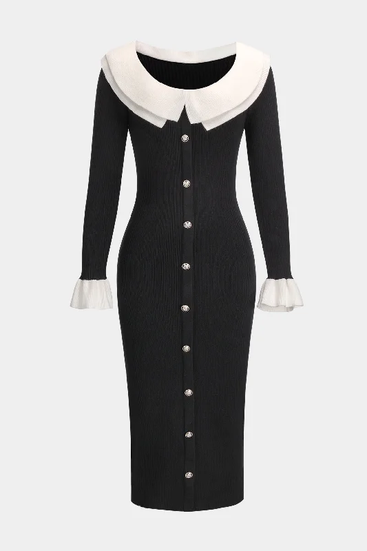 Knit Button Puff Patchwork Long-Sleeve Dress Bodycon Club Sequined